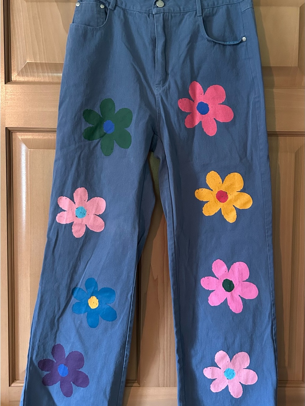 BiBi Flower Print Straight Leg Denim Jeans Boho Festival Indie Size M (8-10)
